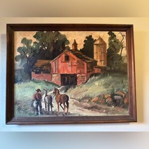 Original Art Canvas Rustic Barn Farm Cowboy Signed Framed